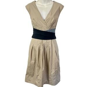 BCBGMaxazria BCBG Maxazria Womens Pleated V-Neck Cotton Beige Blend Dress sz 6